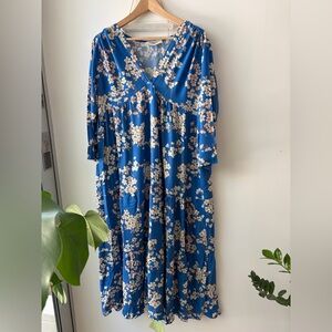 Elegant Floral Long Sleeve Dress in Blue
